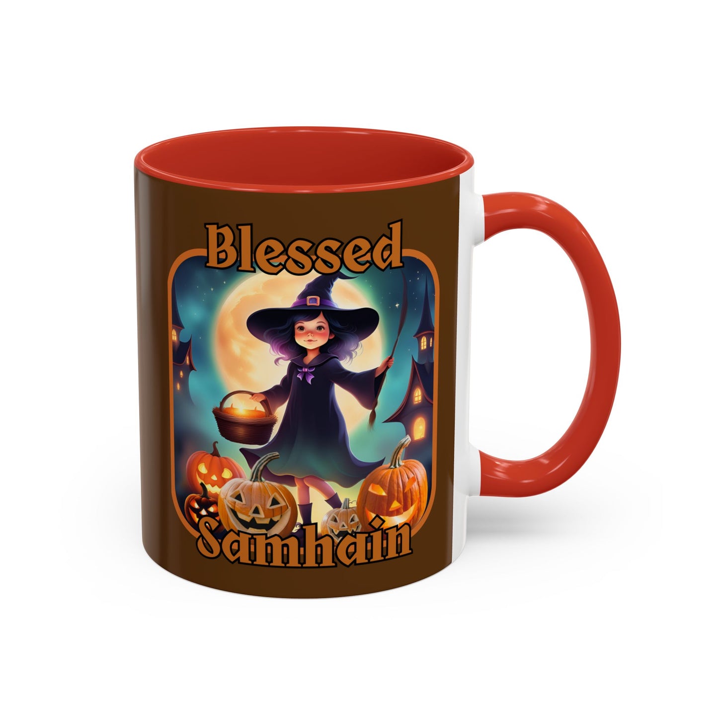 Blessed Samhain Little Witch Orange font Brown Accent Mug by CreepyCrafts.boo