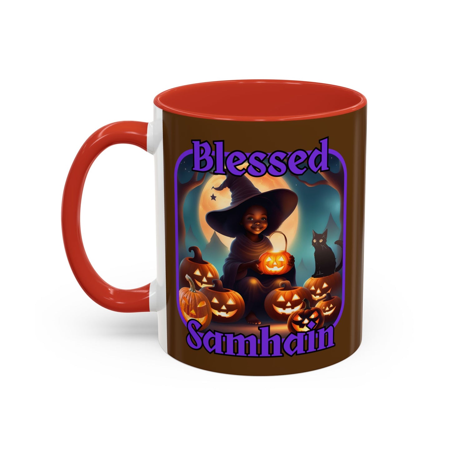Blessed Samhain Cute Witch Purple font Brown Accent Mug by CreepyCrafts.boo