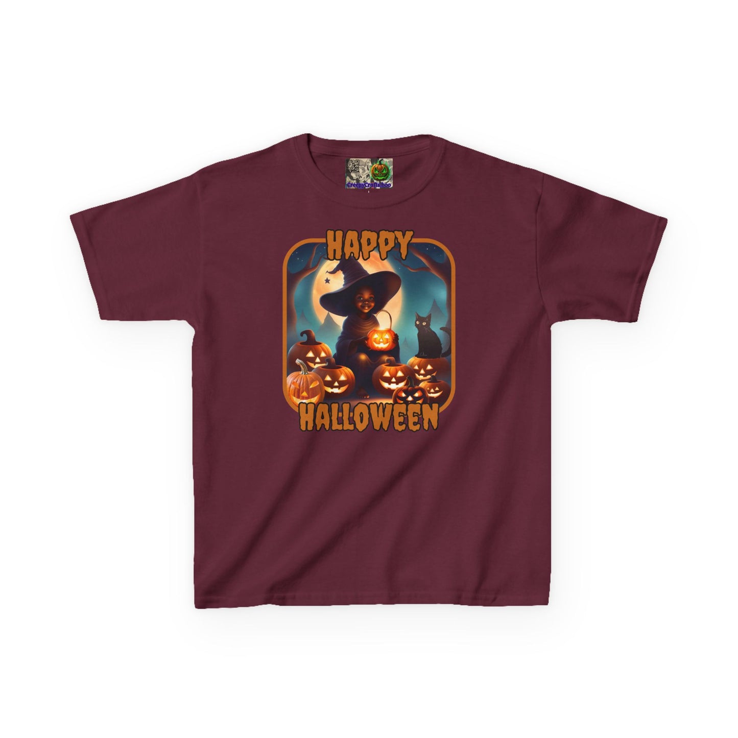 Happy Halloween Cute Witch Orange font Kids Heavy Cotton™ Tee by CreepyCrafts.boo