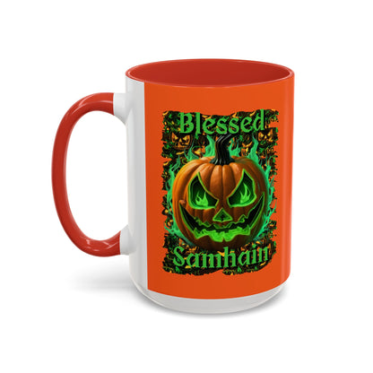 Blessed Samhain Green Jack Orange Accent Mug by CreepyCrafts.boo