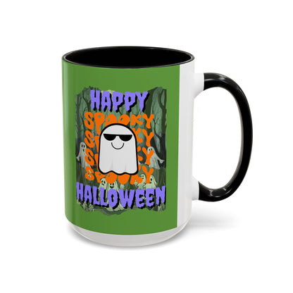 Spooky Happy Halloween Ghost Purple font Green Accent Mug by CreepyCrafts.boo