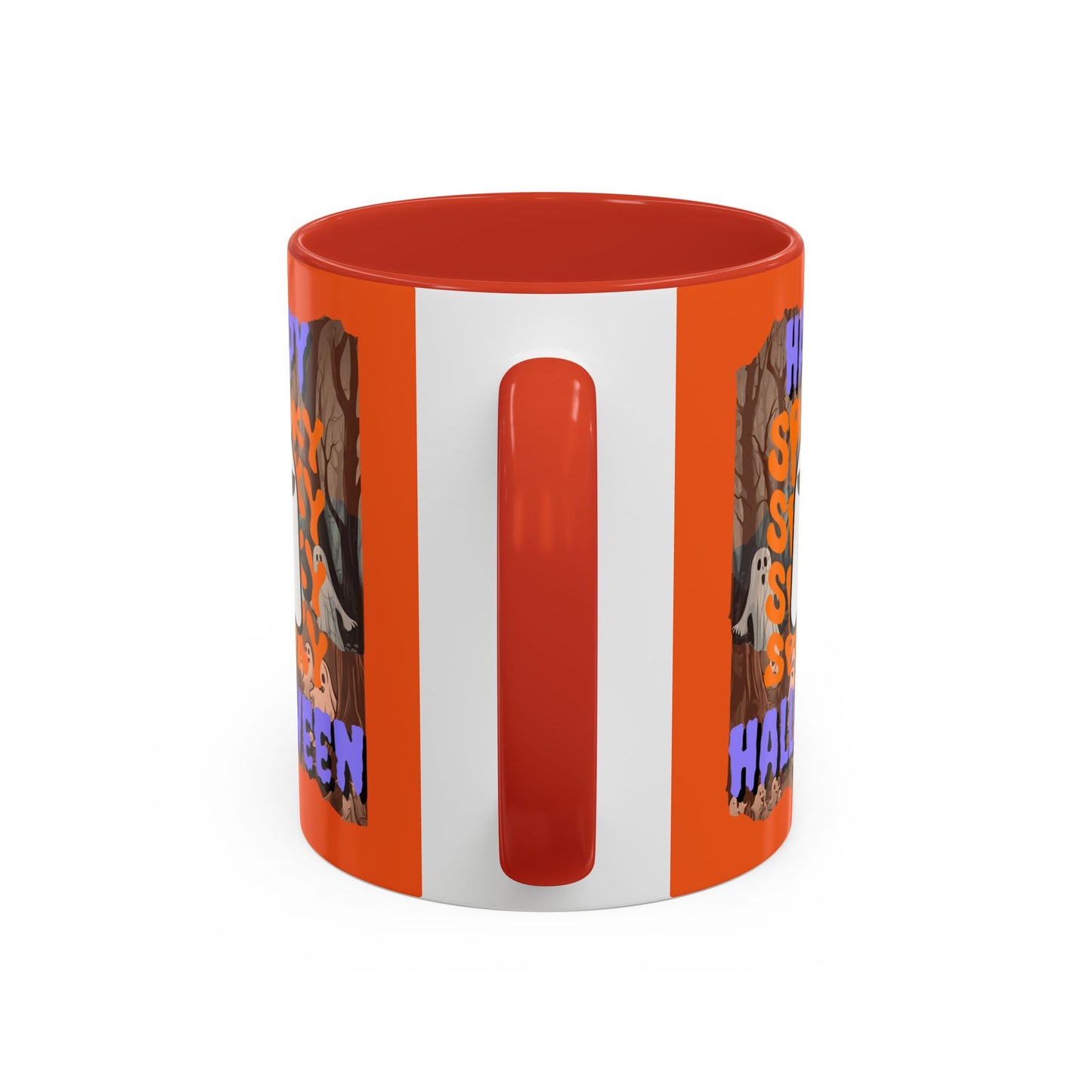 Spooky Happy Halloween Ghost Purple font Orange Accent Mug by CreepyCrafts.boo