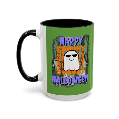 Spooky Happy Halloween Ghost Purple font Green Accent Mug by CreepyCrafts.boo