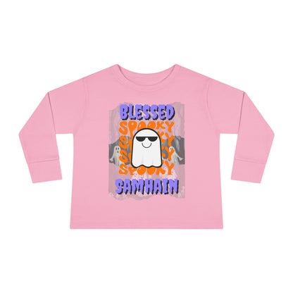 Spooky Blessed Samhain Ghost PRfont Toddler Long Sleeve Tee by cypherpunkgear