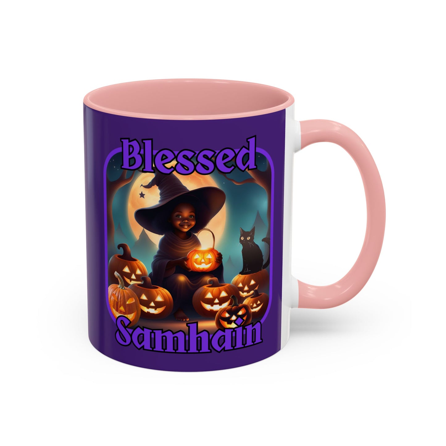 Blessed Samhain Cute Witch Purple font Purple Accent Mug by CreepyCrafts.boo