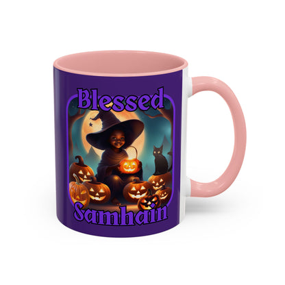 Blessed Samhain Cute Witch Purple font Purple Accent Mug by CreepyCrafts.boo
