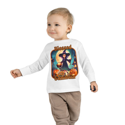 Blessed Samhain Little Witch Orange font Toddler Long Sleeve Tee by CreepyCrafts.boo