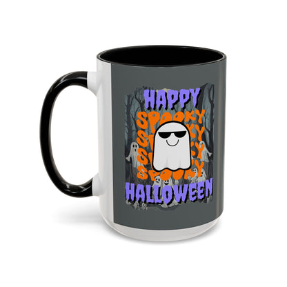 Spooky Happy Halloween Ghost Purple font Grey Accent Mug by CreepyCrafts.boo