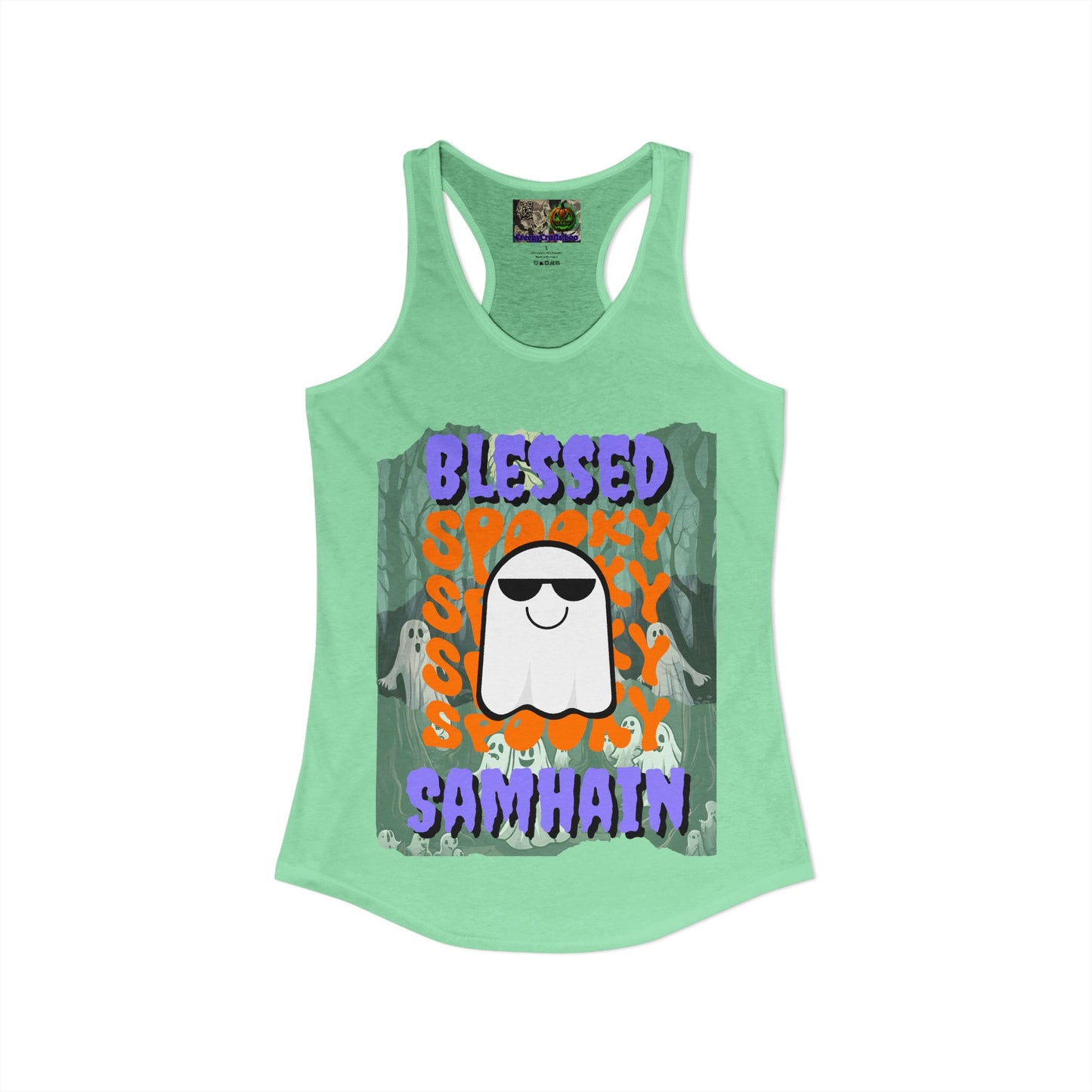Spooky Blessed Samhain Ghost Purple font Women's Racerback Tank Top by CreepyCrafts.boo