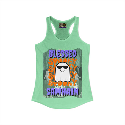 Spooky Blessed Samhain Ghost Purple font Women's Racerback Tank Top by CreepyCrafts.boo