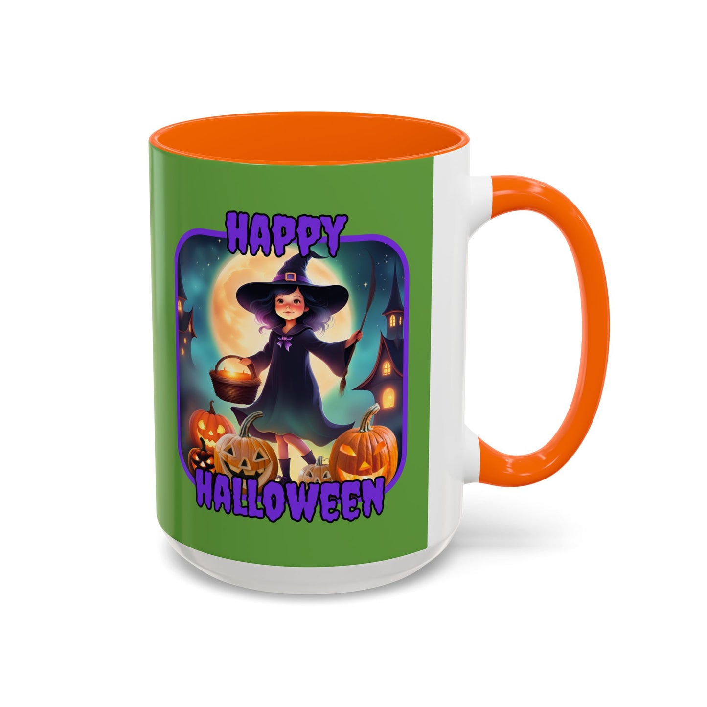 Happy Halloween Little Witch Purple font Green Accent Mug by CreepyCrafts.boo