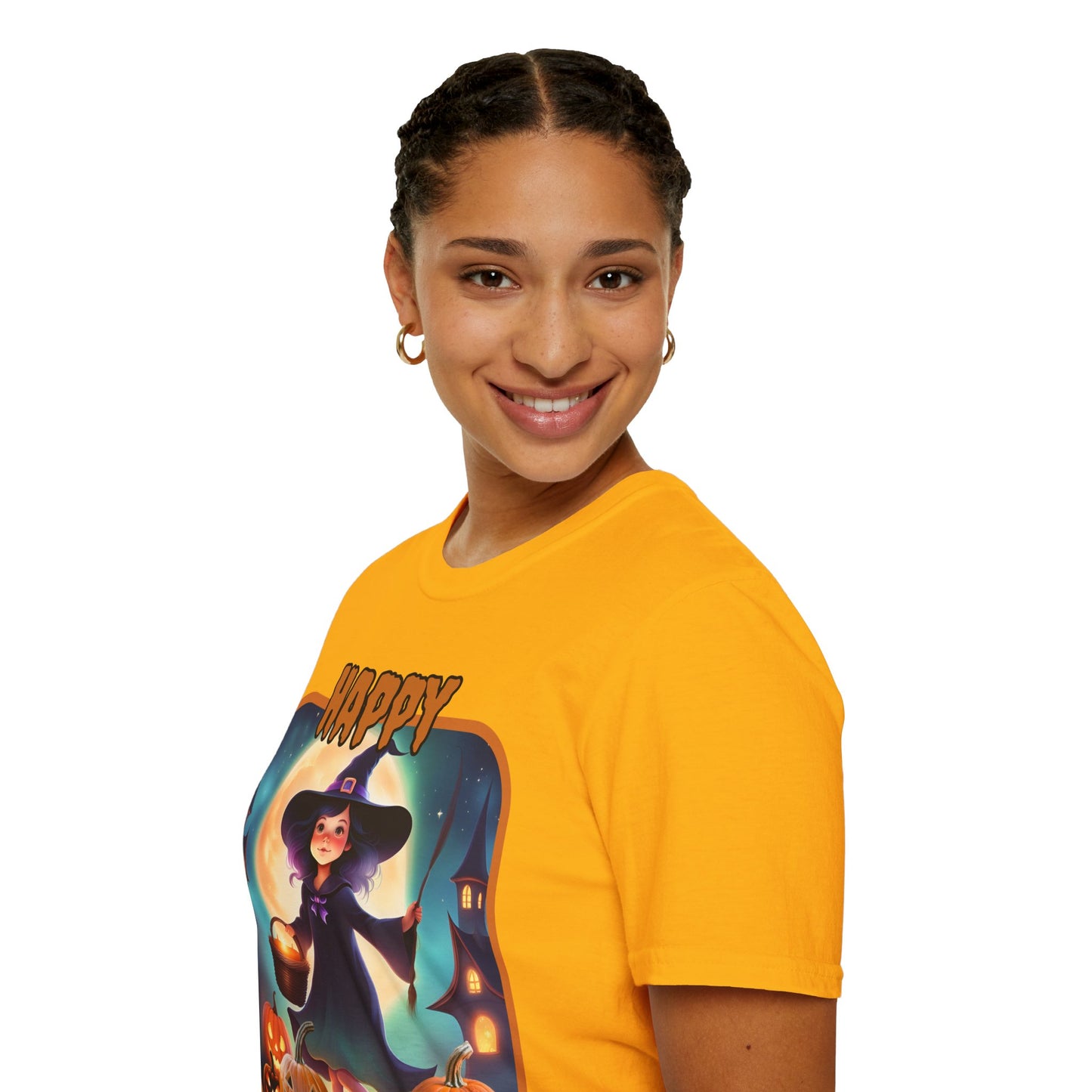 Happy Halloween Little Witch Orange font, Light colors, Unisex T-Shirt by CreepyCrafts.boo