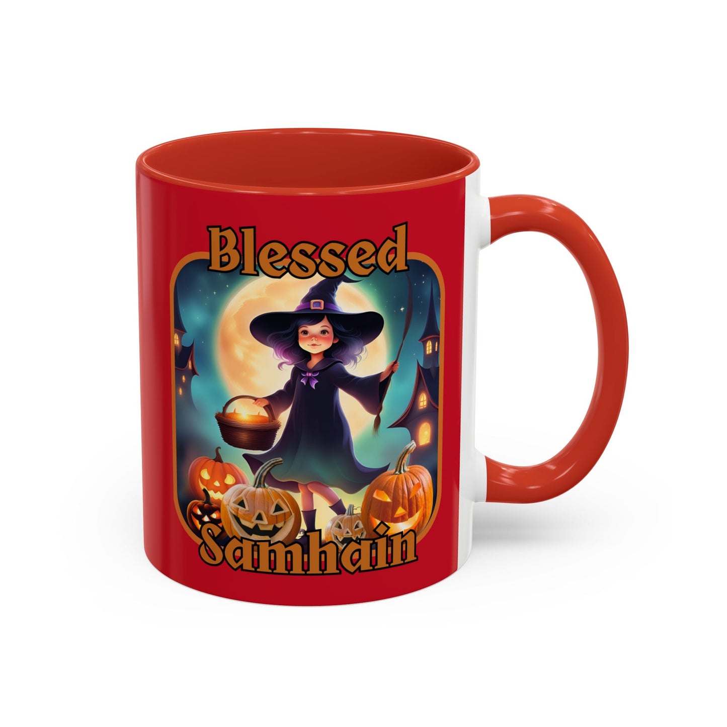Blessed Samhain Little Witch Orange font Red Accent Mug by CreepyCrafts.boo