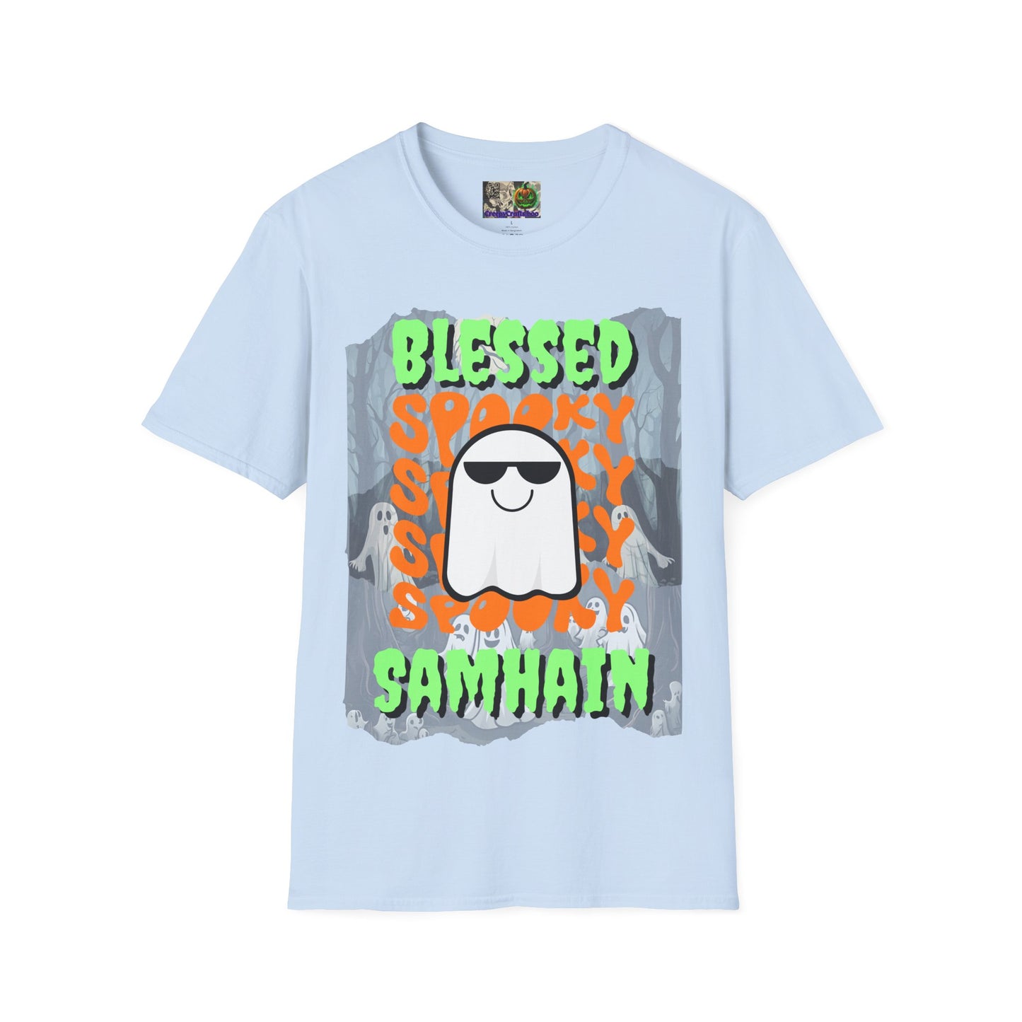 Spooky Blessed Samhain Ghost Green font Unisex T-Shirt by CreepyCrafts.boo