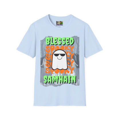 Spooky Blessed Samhain Ghost Green font Unisex T-Shirt by CreepyCrafts.boo