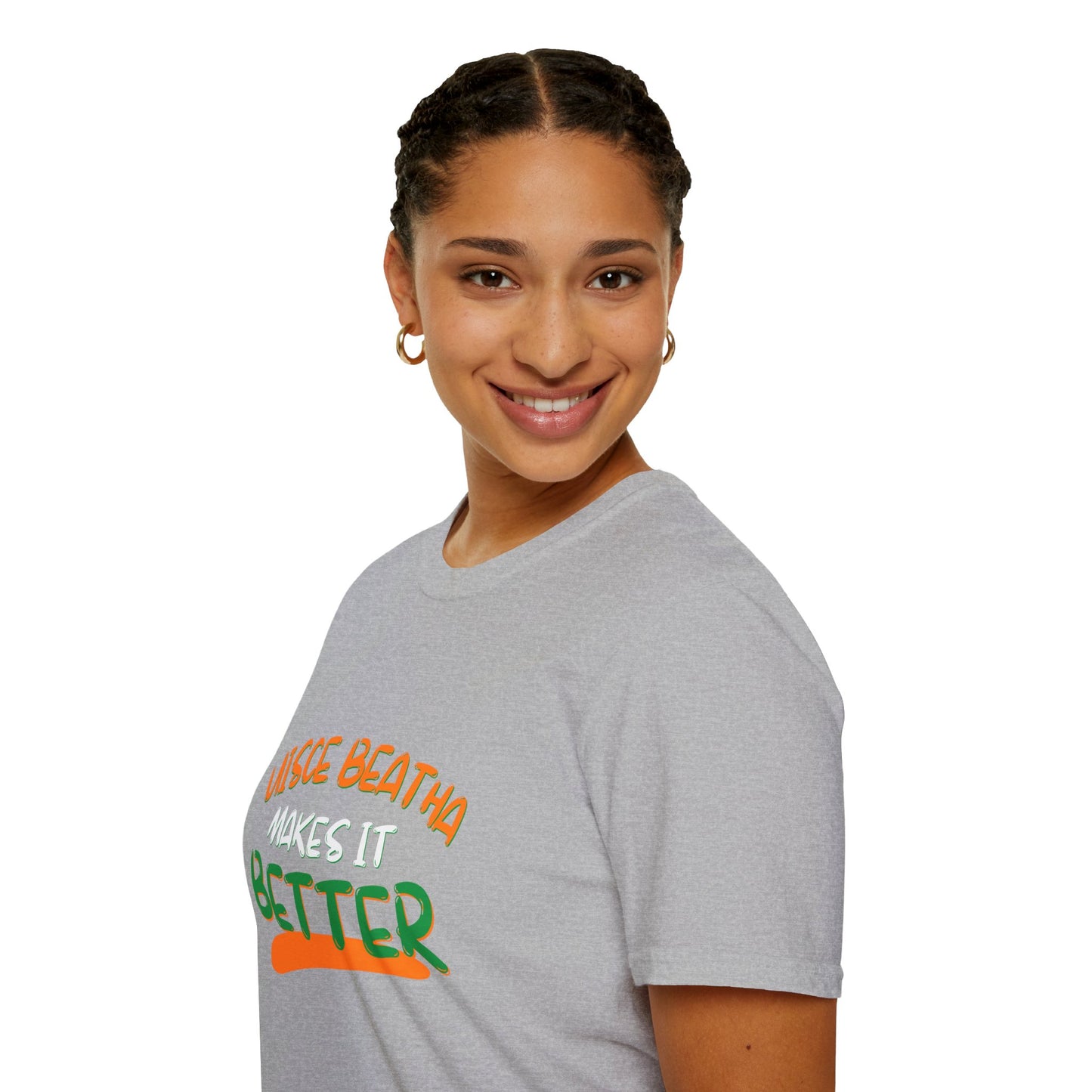 Uisce Beatha makes it better Orange, White, and Green font Light colors Unisex T-Shirt by cypherpunkgear.com
