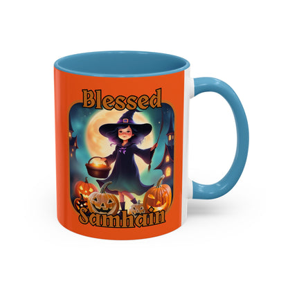 Blessed Samhain Little Witch Orange font Orange Accent Mug by CreepyCrafts.boo