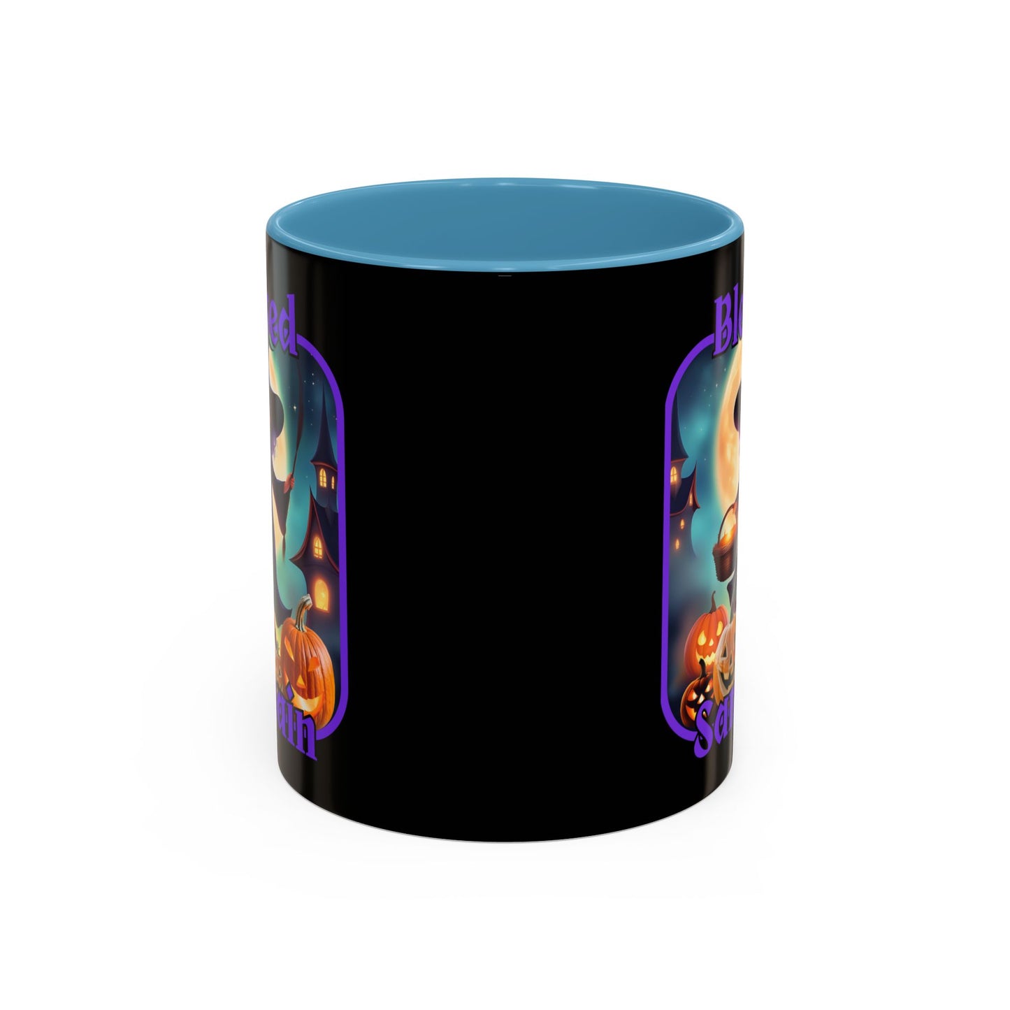 Blessed Samhain Little Witch Purple font Black Accent Mug by CreepyCrafts.boo