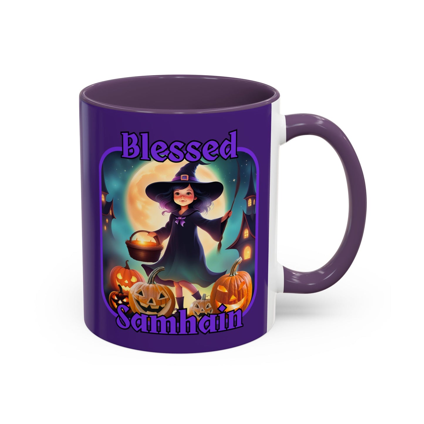Blessed Samhain Little Witch Purple font Purple Accent Mug by CreepyCrafts.boo