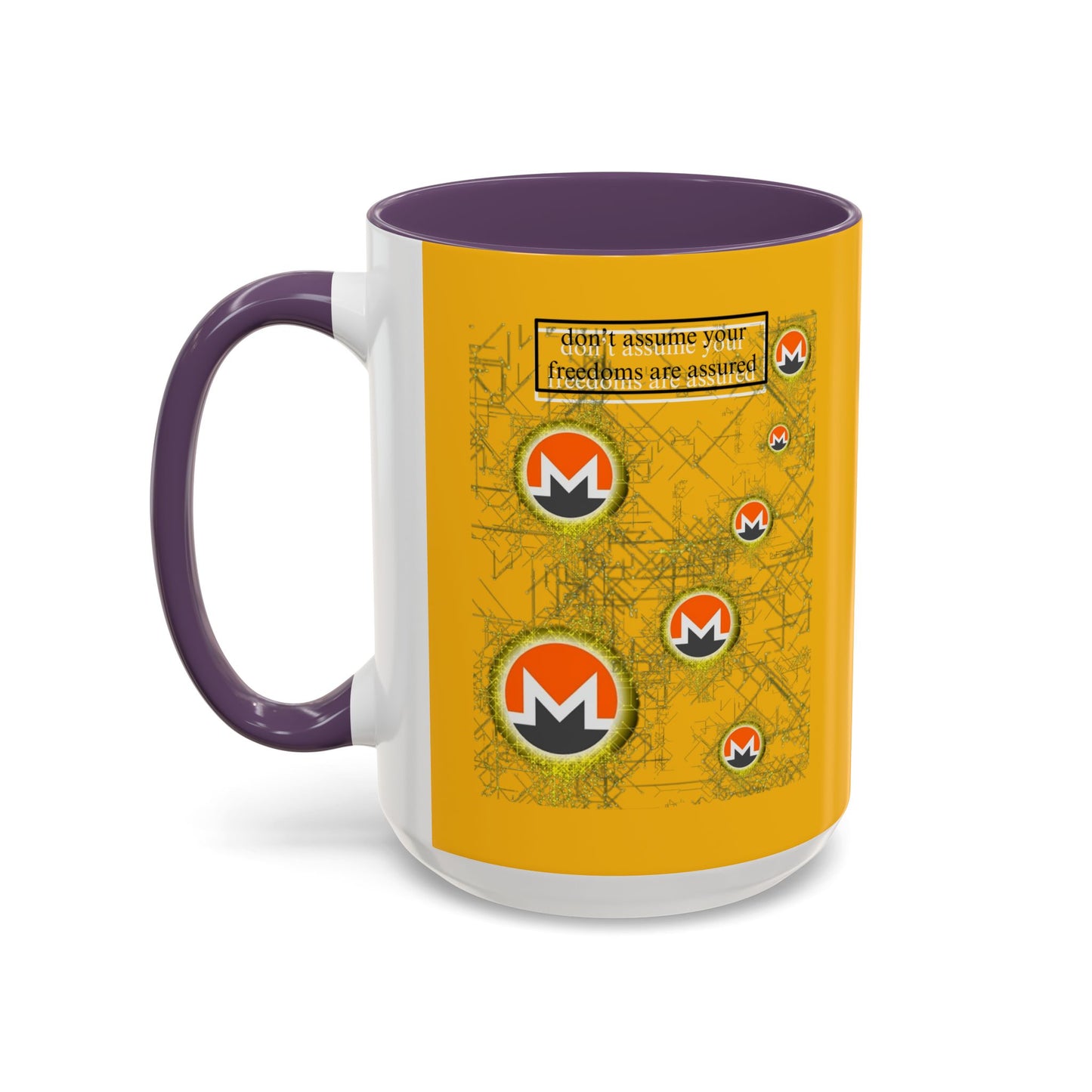 Monero (XMR) don't assume your freedoms are assured Yellow Accent Mug by cypherpunkgear.com