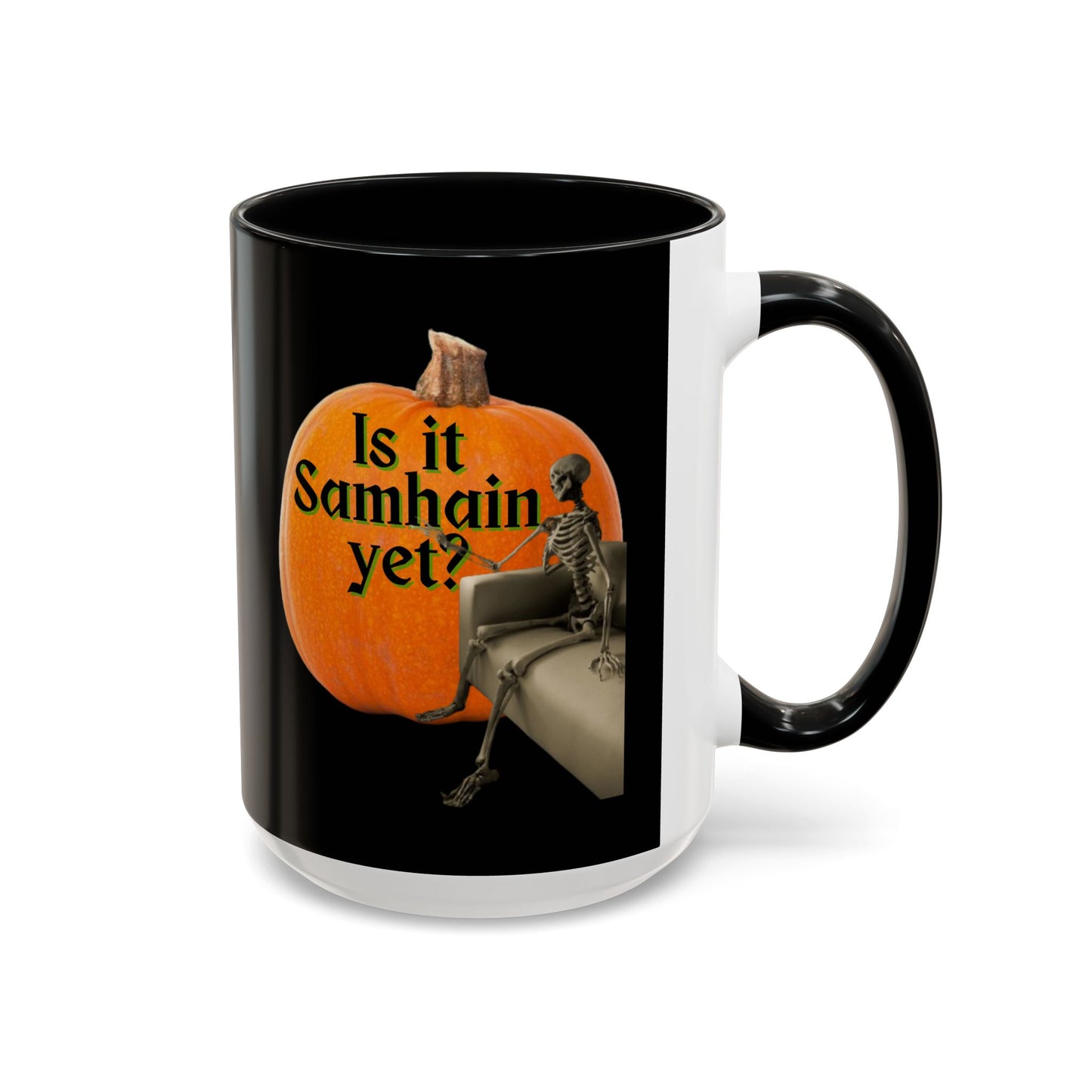 Is It Samhain Yet? Skeleton's Giant Pumpkin Black Accent Mug by CreepyCrafts.boo