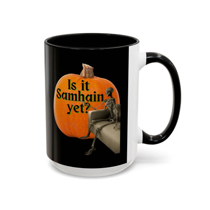 Is It Samhain Yet? Skeleton's Giant Pumpkin Black Accent Mug by CreepyCrafts.boo