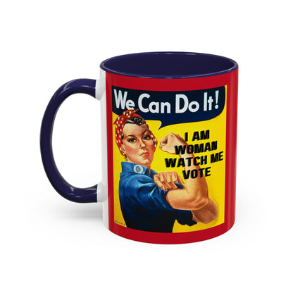 I Am Woman Watch Me Vote Rosie Red Accent Mug by cypherpunkgear.com