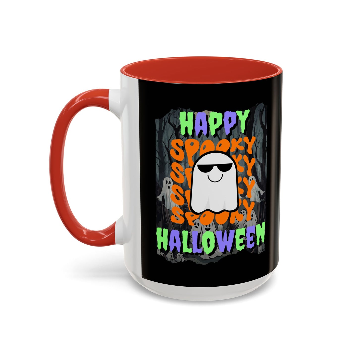 Spooky Happy Halloween Ghost Mixed font Black Accent Mug by CreepyCrafts.boo