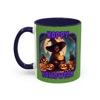 Happy Halloween Cute Witch Purple font Green Accent Mug by CreepyCrafts.boo