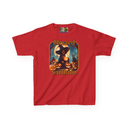 Blessed Samhain Cute Witch Orange font Kids Heavy Cotton™ Tee by CreepyCrafts.boo