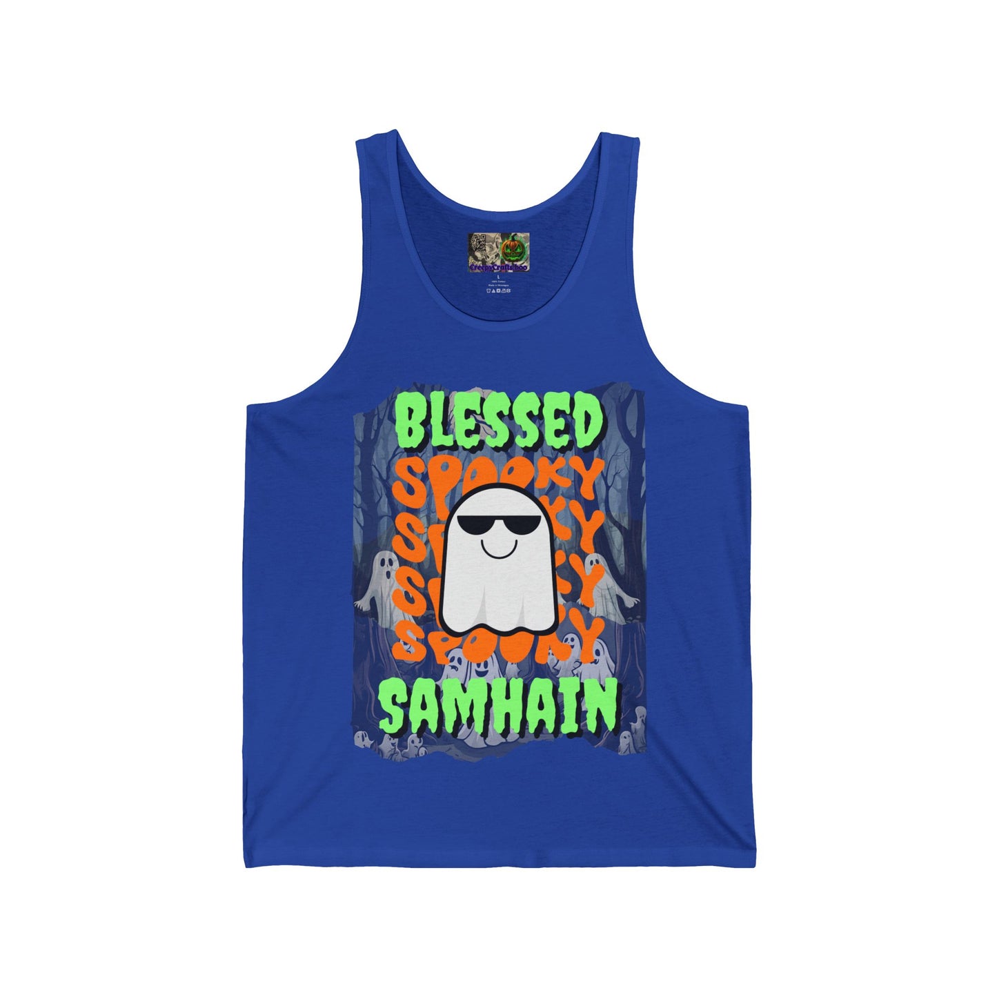 Spooky Blessed Samhain Ghost Green font Unisex Jersey Tank Top by CreepyCrafts.boo