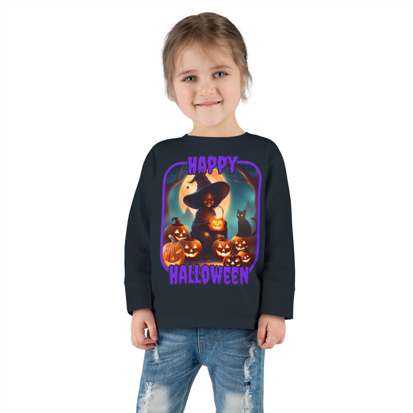 Happy Halloween Cute Witch Purple font Toddler Long Sleeve Tee by CreepyCrafts.boo