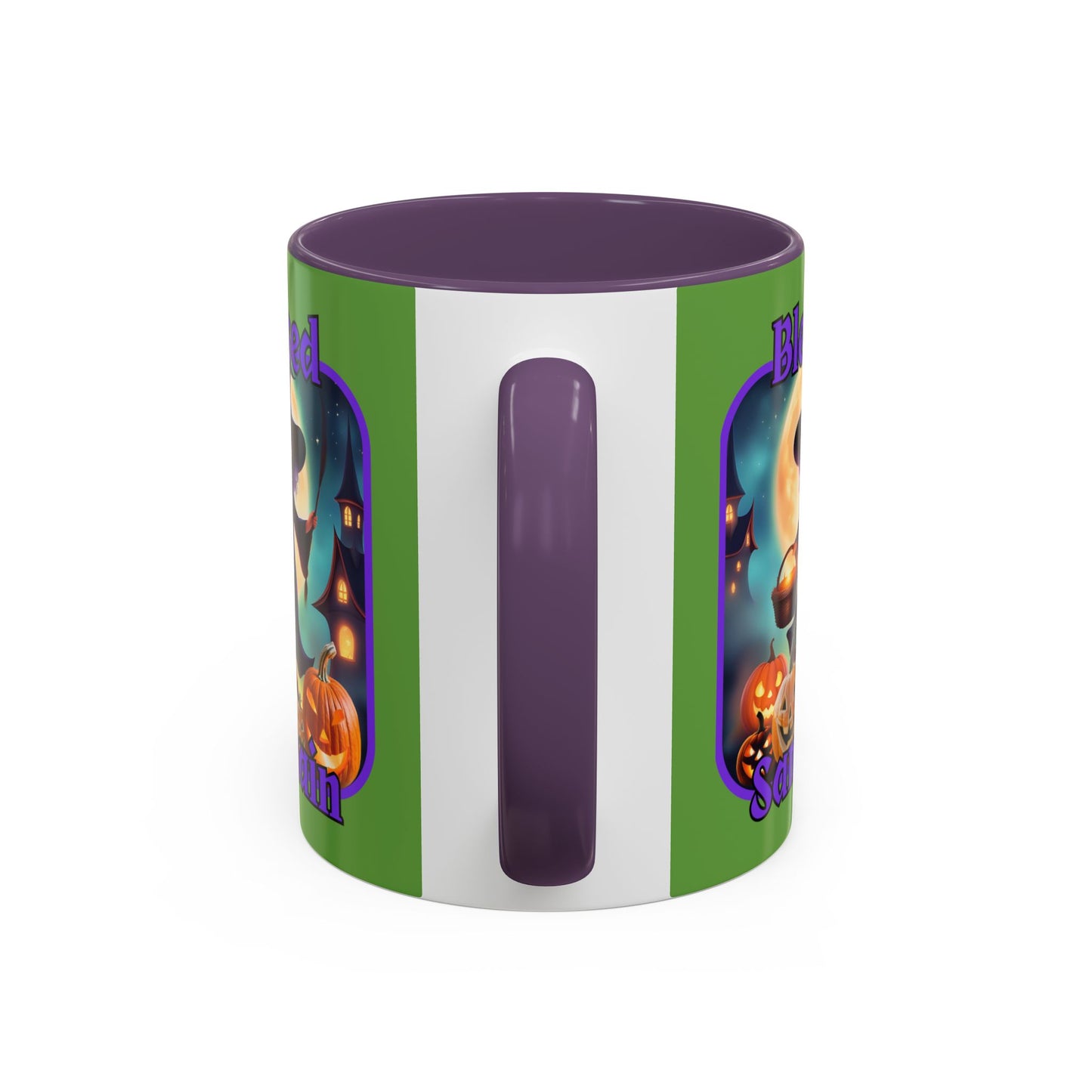 Blessed Samhain Little Witch Purple font Green Accent Mug by CreepyCrafts.boo