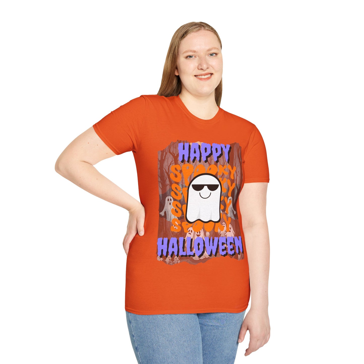 Spooky Happy Halloween Ghost Light colors Purple font Unisex T-Shirt by CreepyCrafts.boo