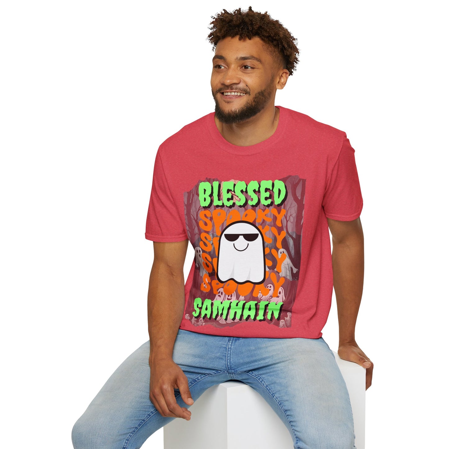 Spooky Blessed Samhain Ghost Green font Unisex T-Shirt by CreepyCrafts.boo