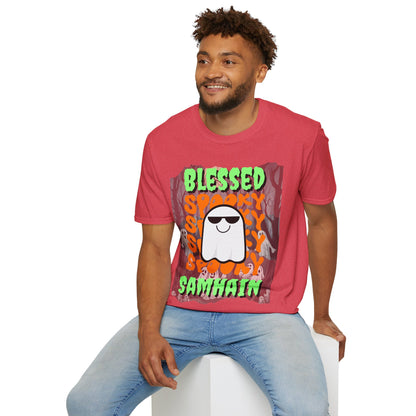 Spooky Blessed Samhain Ghost Green font Unisex T-Shirt by CreepyCrafts.boo