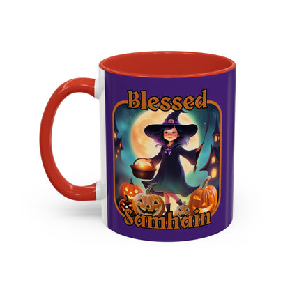 Blessed Samhain Little Witch Orange font Purple Accent Mug by CreepyCrafts.boo