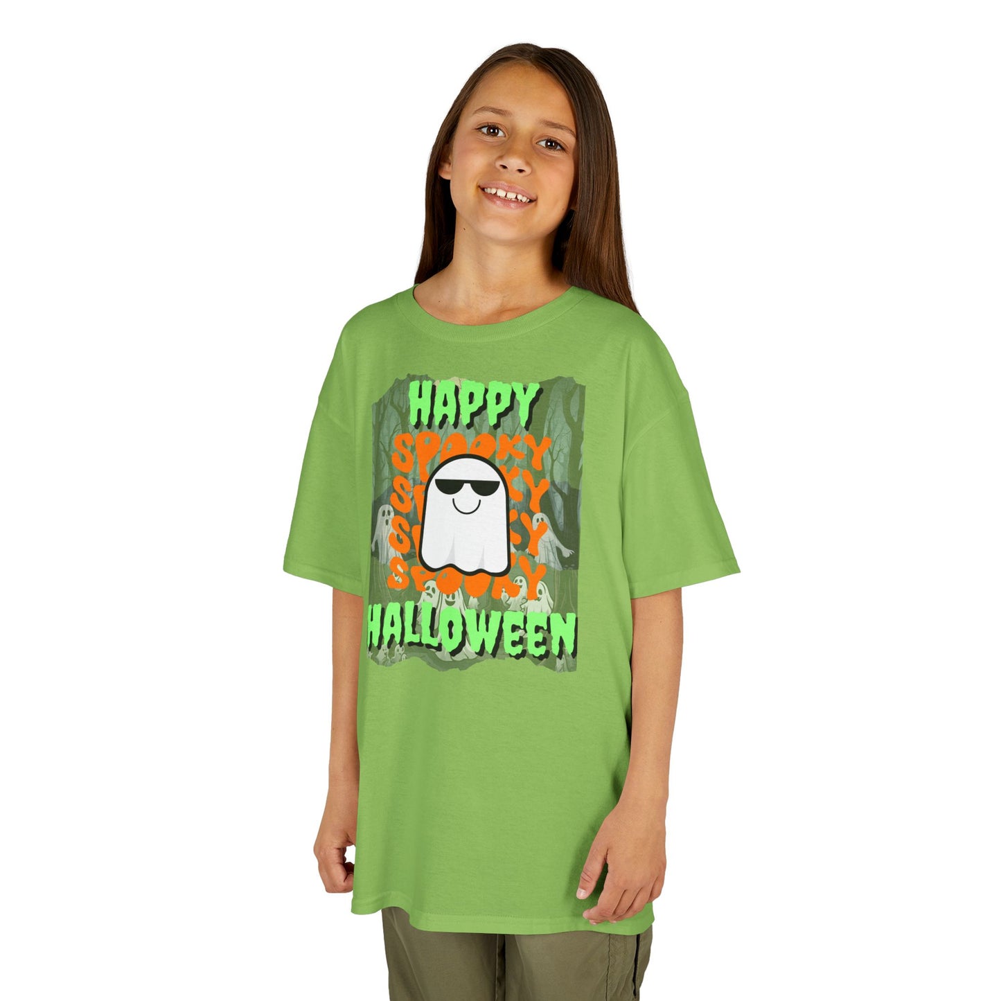 Spooky Happy Halloween Ghost Green font Kids Heavy Cotton™ Tee by CreepyCrafts.boo