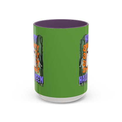 Spooky Happy Halloween Ghost Purple font Green Accent Mug by CreepyCrafts.boo