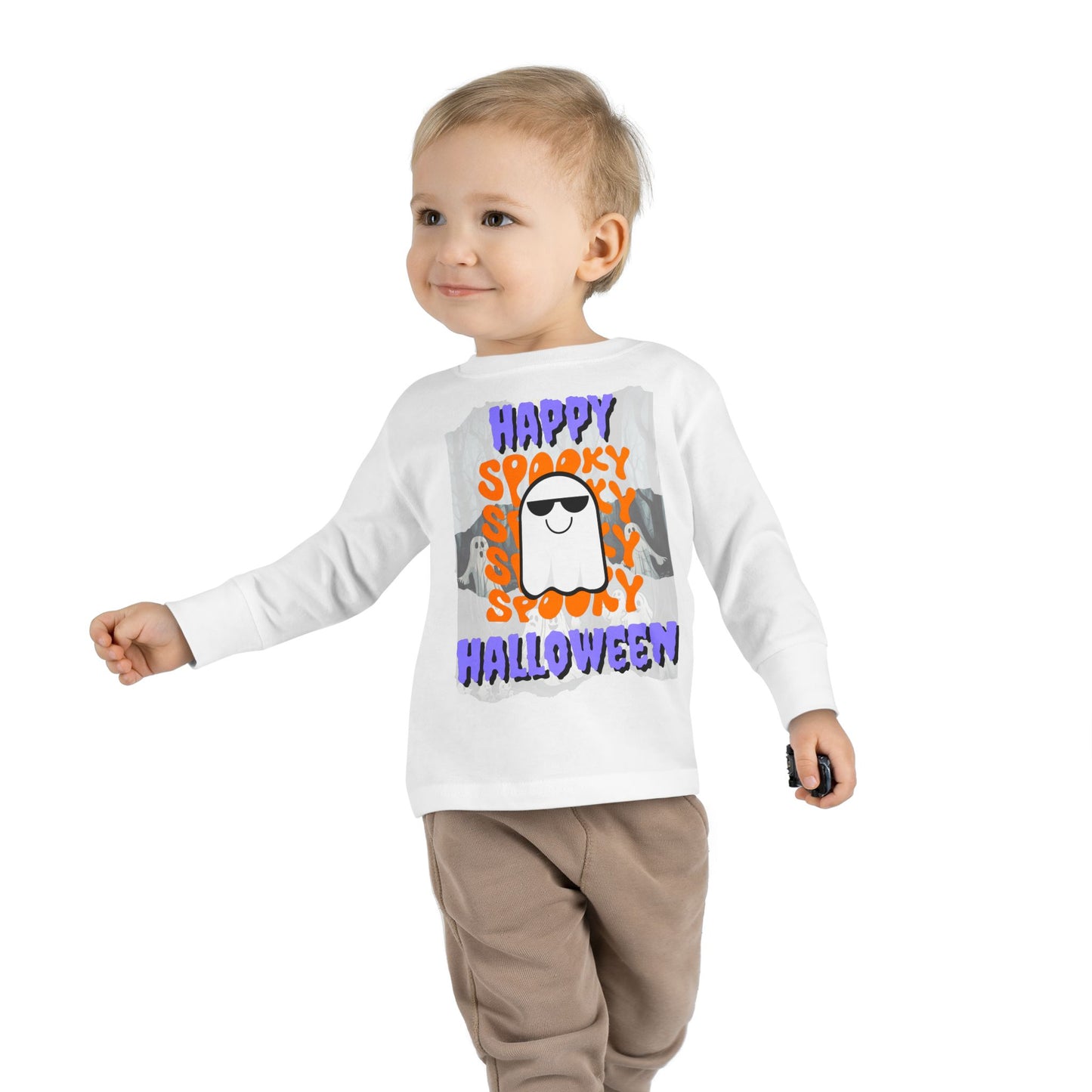 Spooky Happy Halloween Ghost Purple font Toddler Long Sleeve Tee by CreepyCrafts.boo