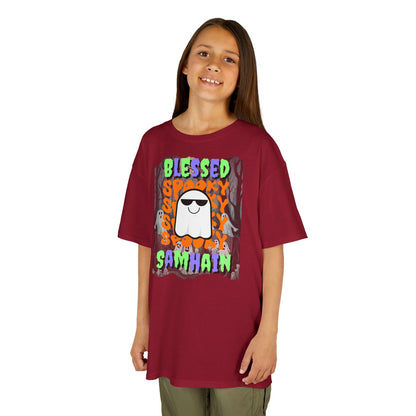 Spooky Blessed Samhain Ghost Mixed font Kids Heavy Cotton™ Tee by CreepyCrafts.boo