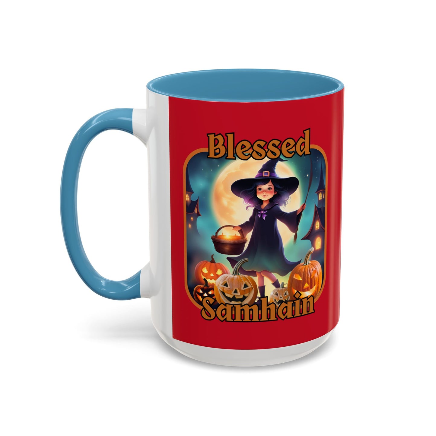 Blessed Samhain Little Witch Orange font Red Accent Mug by CreepyCrafts.boo