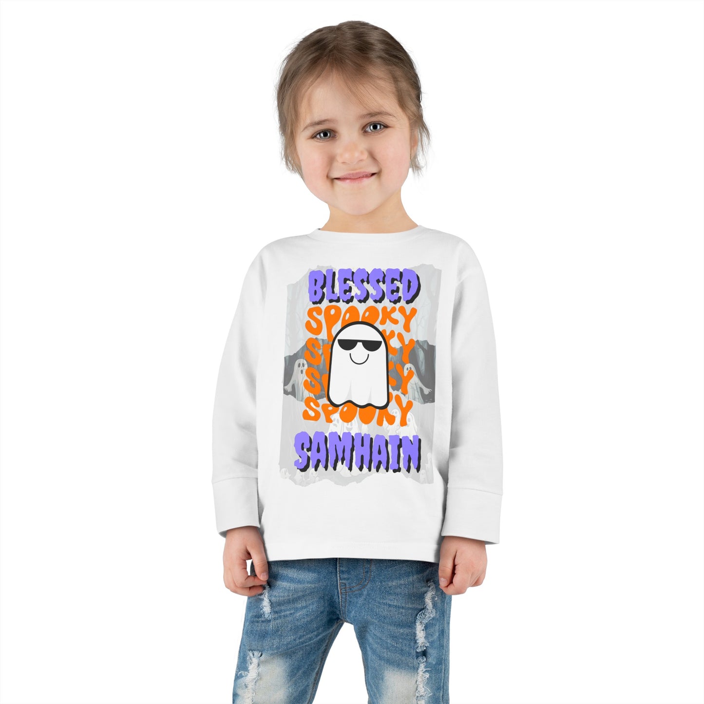 Spooky Blessed Samhain Ghost PRfont Toddler Long Sleeve Tee by cypherpunkgear