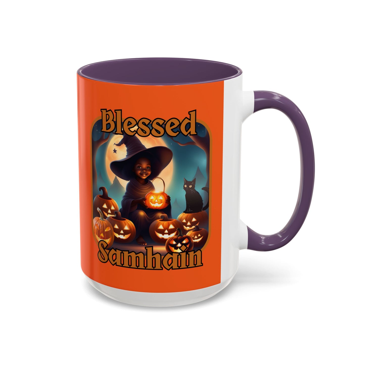 Blessed Samhain Cute Witch Orange font Orange Accent Mug by CreepyCrafts.boo