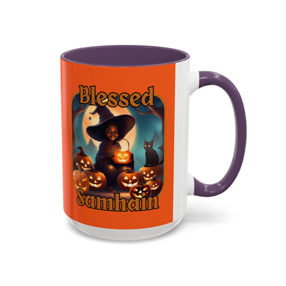 Blessed Samhain Cute Witch Orange font Orange Accent Mug by CreepyCrafts.boo