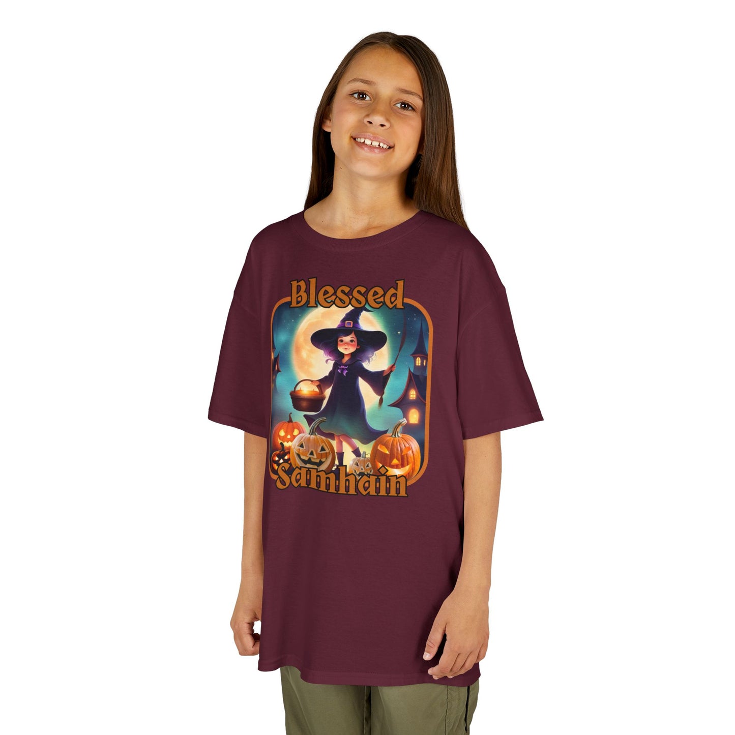 Blessed Samhain Little Witch Orange font Kids Heavy Cotton™ Tee by CreepyCrafts.boo