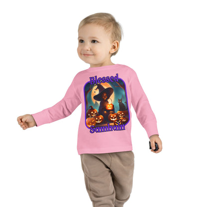 Blessed Samhain Cute Witch Purple font Toddler Long Sleeve Tee by CreepyCrafts.boo