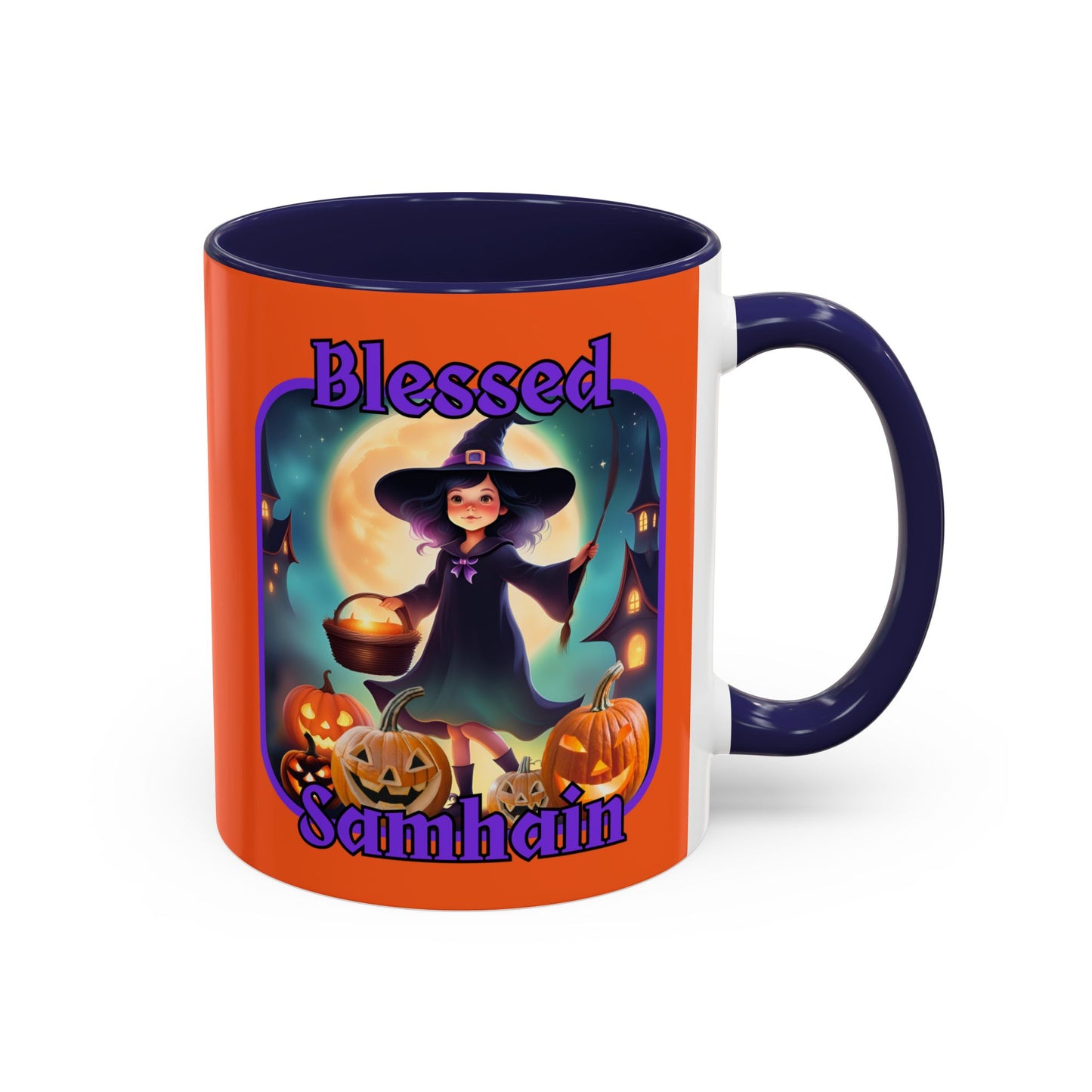 Blessed Samhain Little Witch Purple font Orange Accent Mug by CreepyCrafts.boo
