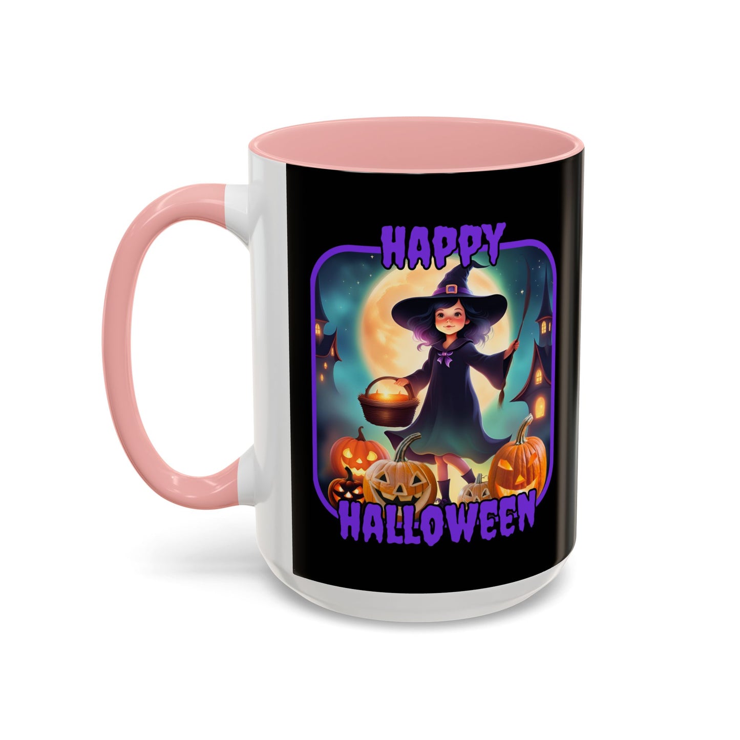 Happy Halloween Little Witch Purple font Black Accent Mug by CreepyCrafts.boo