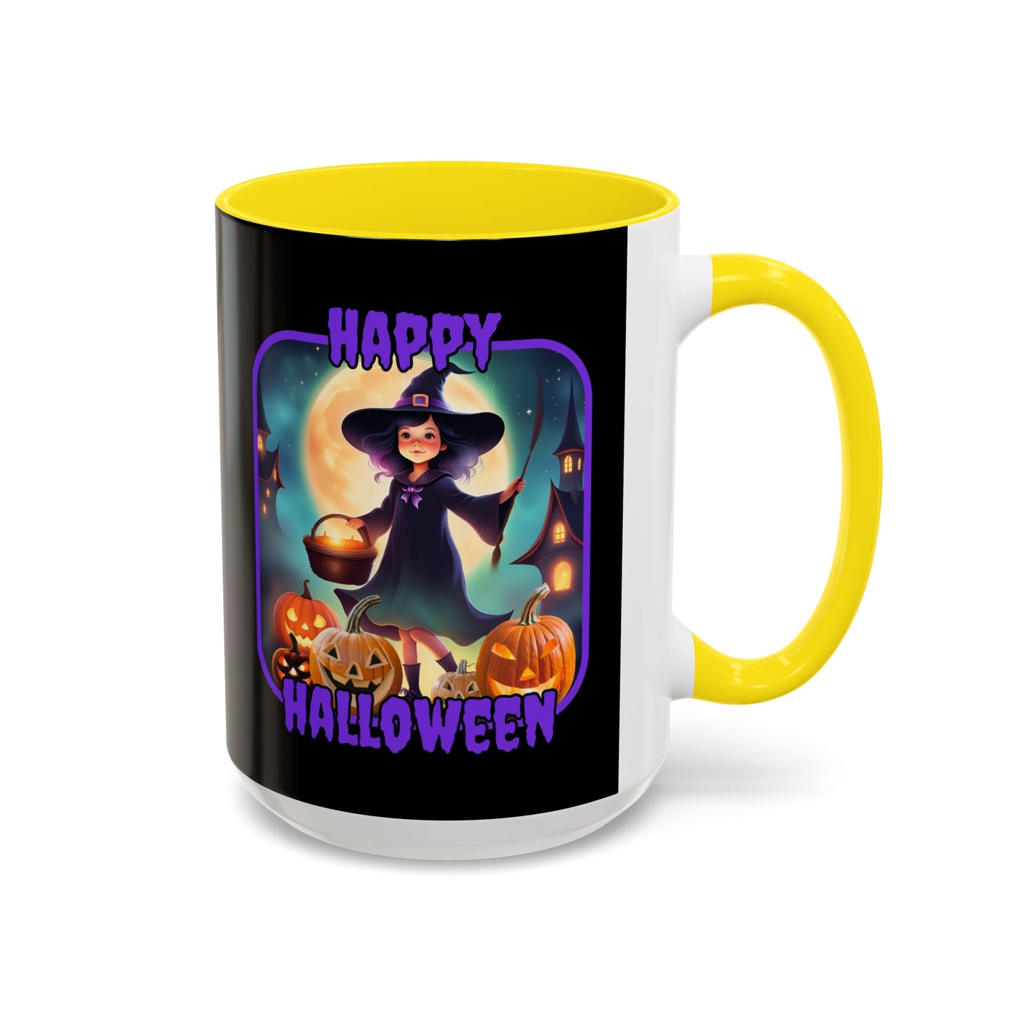 Happy Halloween Little Witch Purple font Black Accent Mug by CreepyCrafts.boo